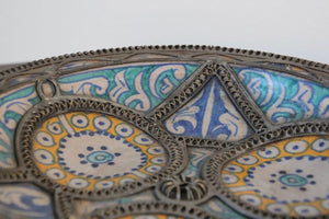 Antique Moroccan Ceramic Bowl Adorned with Moorish Silver Filigree from Fez