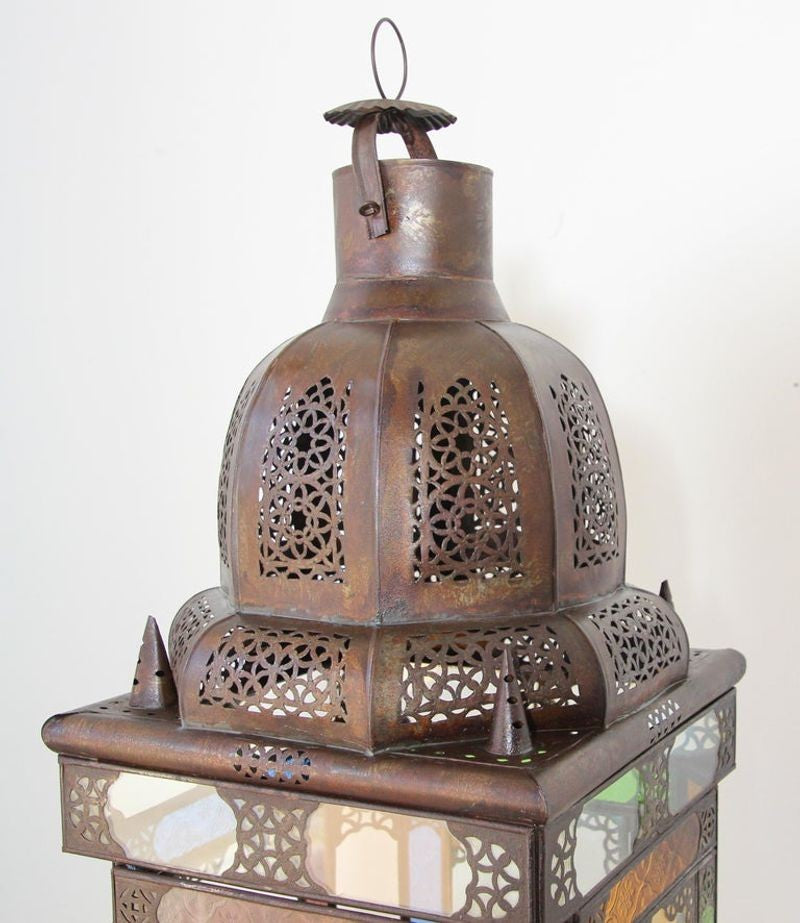 Vintage Moroccan Moorish Lantern by Berber Tribes, Metal & Glass, 1970