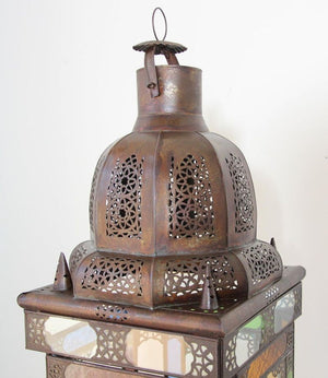 Moroccan Moorish Metal Lantern with Multicolor Glass