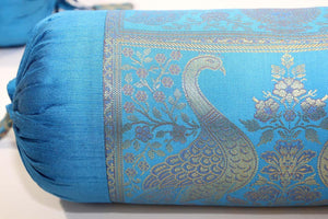 Bolster Pillows Turquoise Blue and Gold Colors with Peacock - A Pair