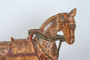 Antique Southeast Asian Polychrome Wooden Oversized Temple Horses from India