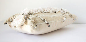 Vintage Moroccan White Pillow with Silver Sequins and Long Fringes
