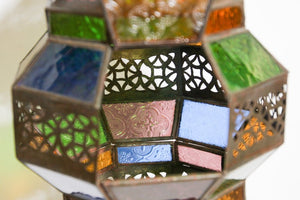 Handcrafted Moroccan Metal and Multi-Color Glass Lantern Octagonal Diamond Shape