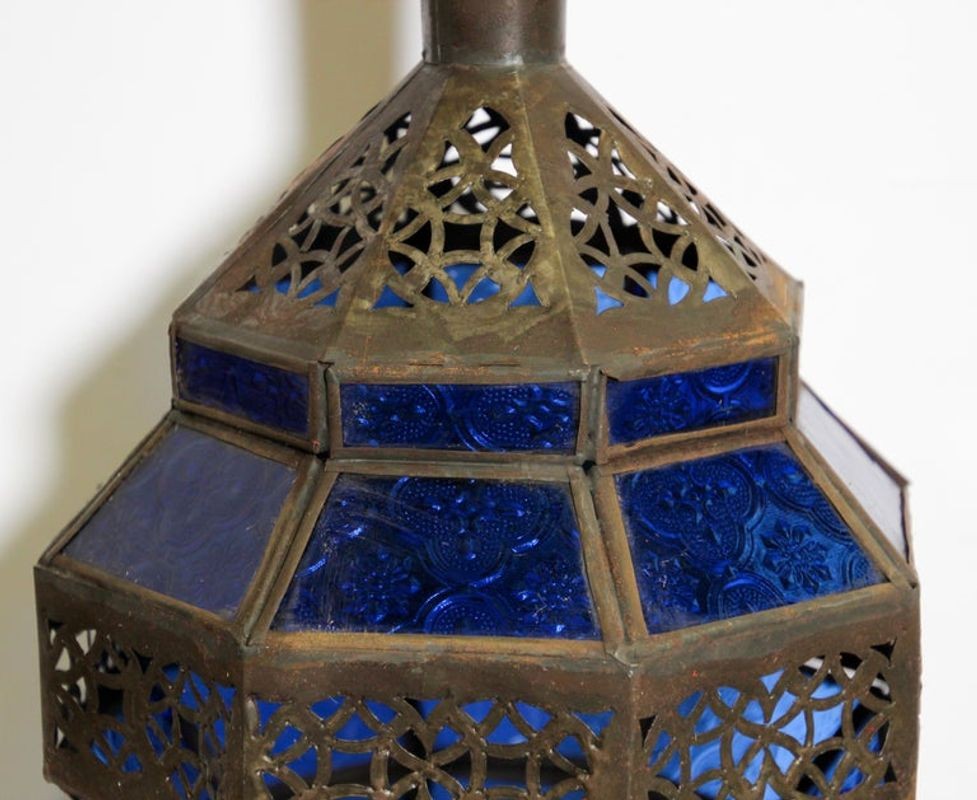 Handcrafted Moroccan Blue Glass Lantern Metal Octagonal Diamond Shape
