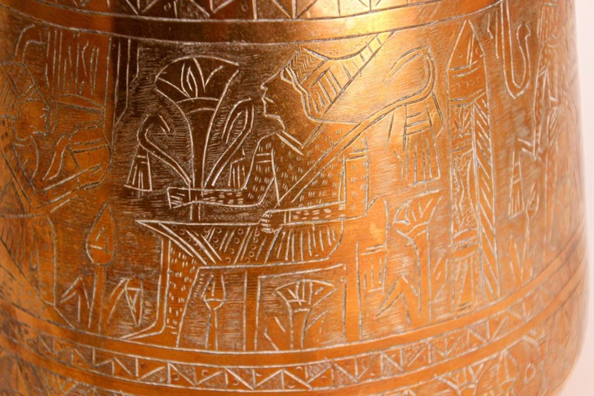 Hand Etched Egyptian Brass Vessel Jardiniere, 19th Century