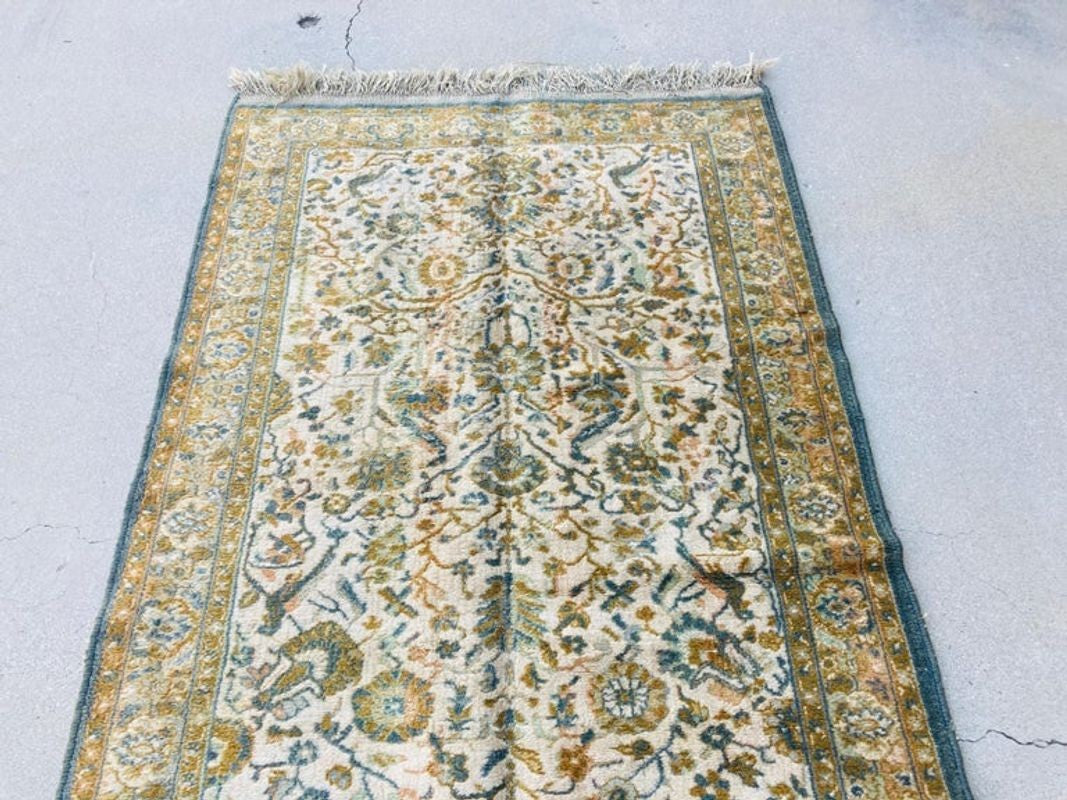 1950s Hand Knotted Green Runner from Turkey
