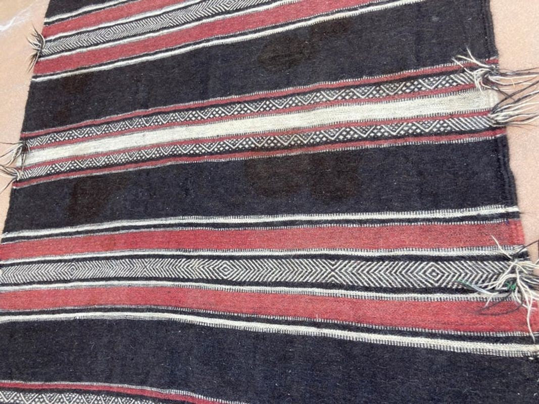 Moroccan Vintage Flat-Weave Black Camel Hair Tribal Rug