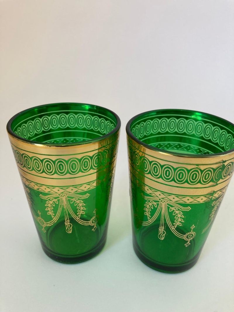 Set of Six Handblown Moroccan Moorish Green and Gold Glasses