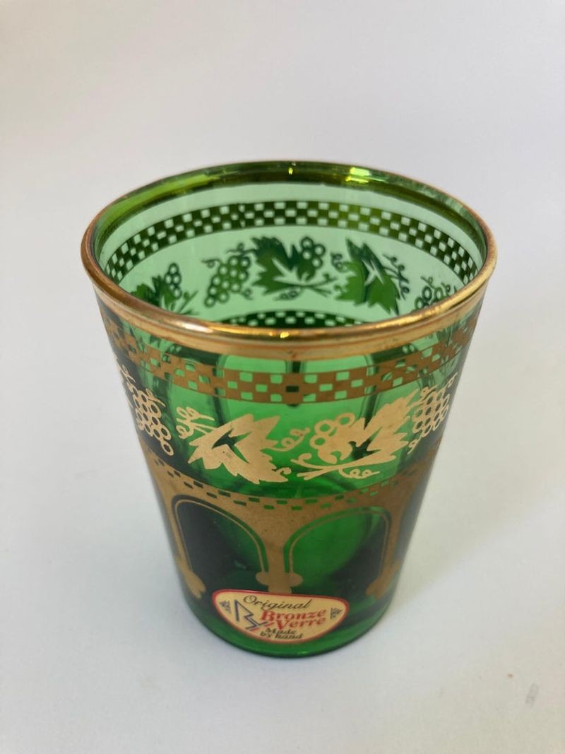 Set of Six Handblown Moroccan Green and Gold Glasses