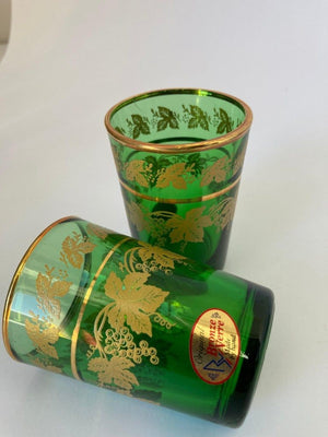Set of Six Handblown Italian Moorish Green with Gold Shot Glasses