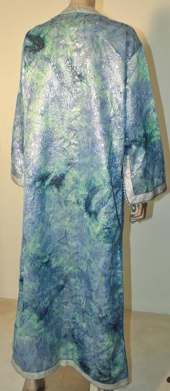 Moroccan Moorish Caftan Maxi Dress Brocade Aquamarine Blue and Silver Size M L