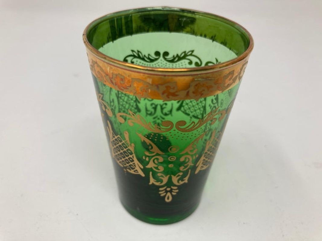 Set of Six Handblown Moorish Green and Gold Tea Glasses