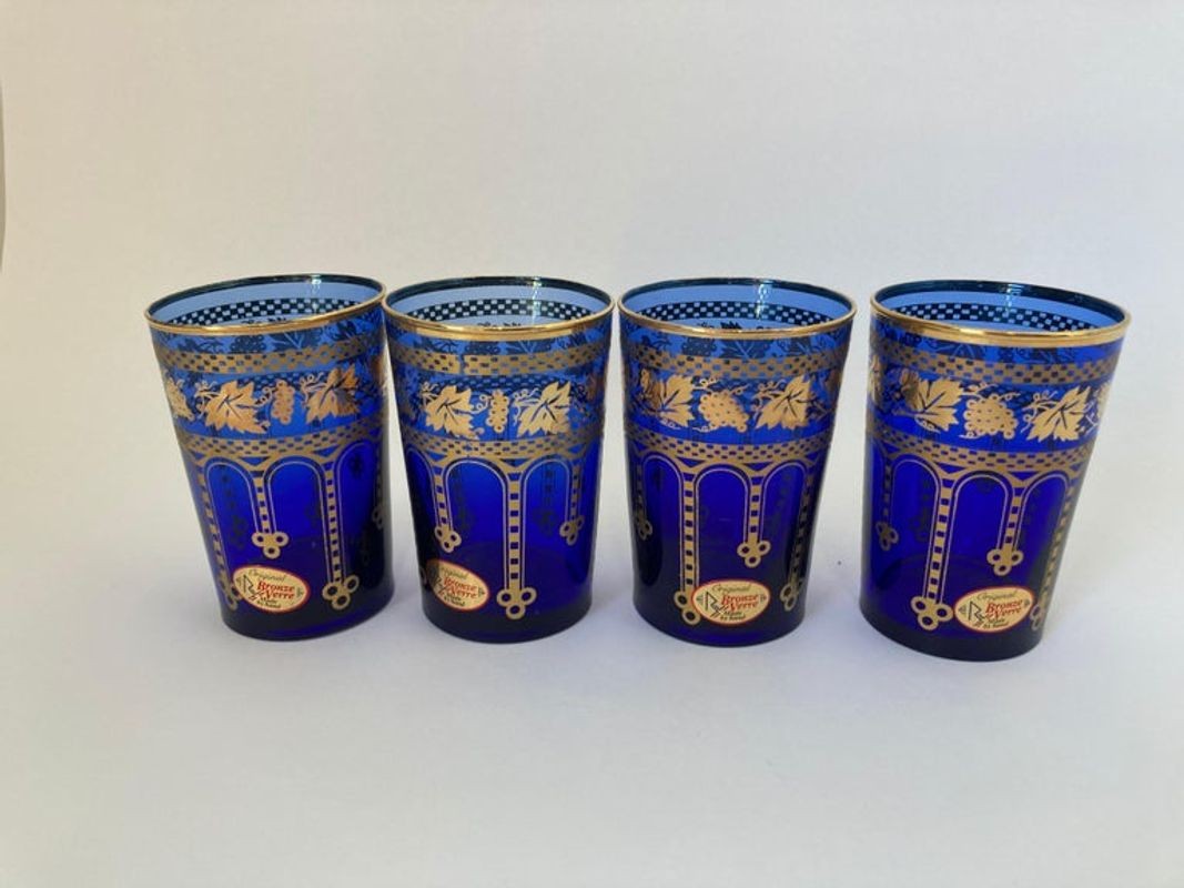 Moorish Blue and Gold Crystal Barware Italian Drinking Glasses Set of 4