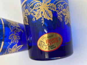 Set of Six Handblown Moorish Blue and Gold Glasses