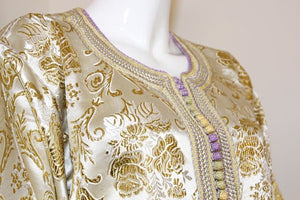 Moroccan Vintage Caftan in Gold Metallic Brocade, Maxi Gown Dress Kaftan