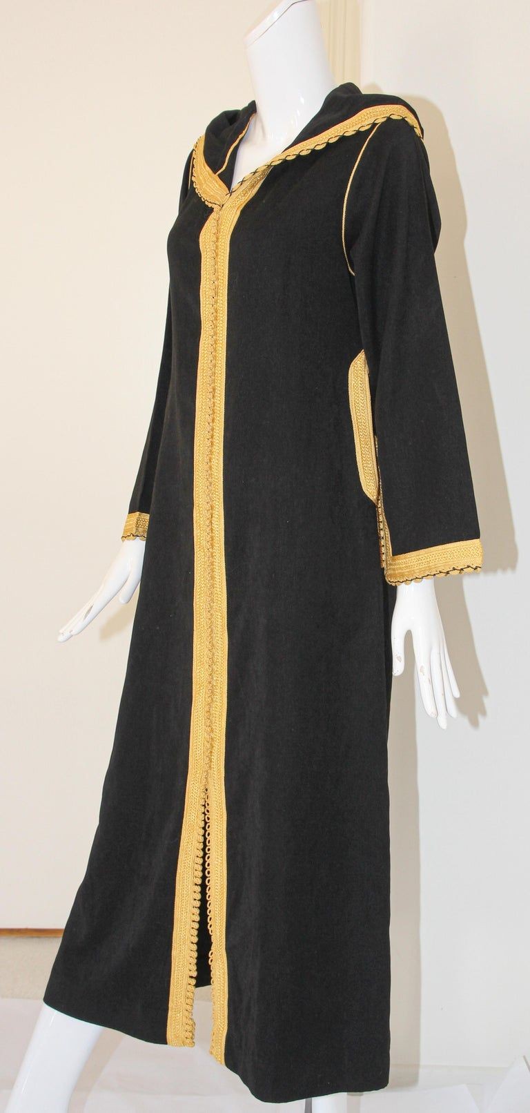 Vintage Moroccan Caftan, Hooded Black and Gold Trim Kaftan Circa 1970's