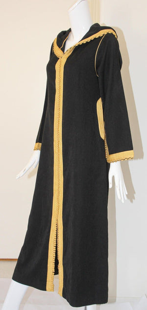 Vintage Moroccan Caftan, Hooded Black and Gold Trim Kaftan Circa 1970's