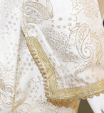 Elegant Moroccan White Caftan with Gold Metallic Floral Brocade
