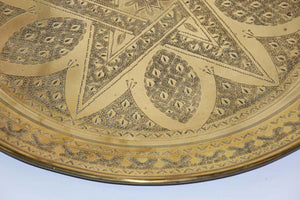 Antique Moroccan Brass Tray Star Etched Collectible Polished Platter 22.5 in. D.