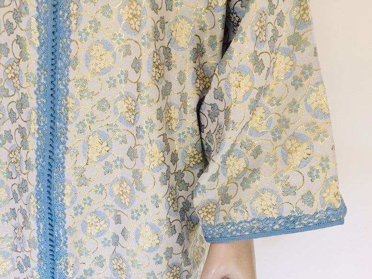 Metallic Blue and Silver Brocade 1970s Maxi Dress Caftan, Evening Gown Kaftan