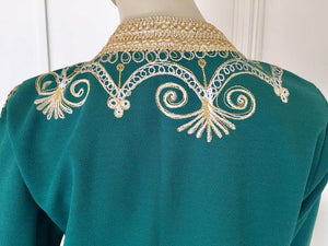 Vintage Moroccan Caftan Emerald Green Maxi Dress, circa 1970 Size M