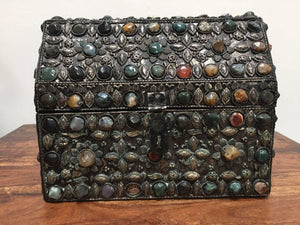 Large Moroccan Wedding Silvered Jewelry Box Inlaid with Semi-Precious Stones
