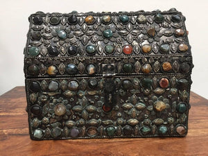 Large Moroccan Wedding Silvered Jewelry Box Inlaid with Semi-Precious Stones