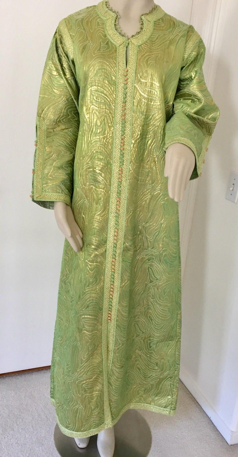 Moroccan Kaftan in Green and Gold Brocade Metallic Lame