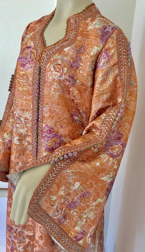 Moroccan Kaftan Orange and Purple Floral with Gold Embroidered Maxi Dress Caftan