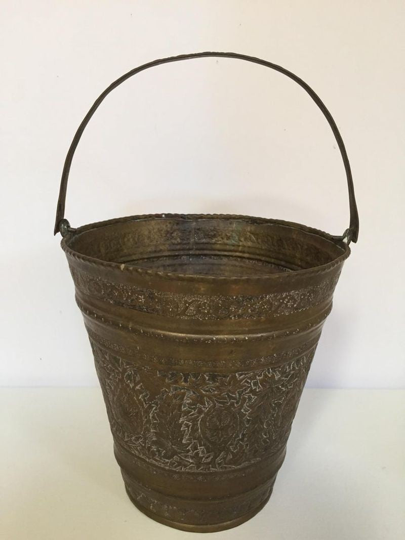 Handcrafted Copper Vessel Bucket with Floral Design, India