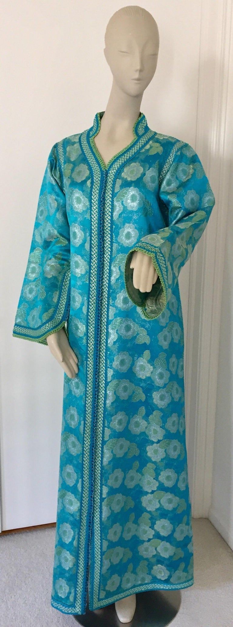 Moroccan Kaftan in Turquoise and Gold Floral Brocade Metallic Lame