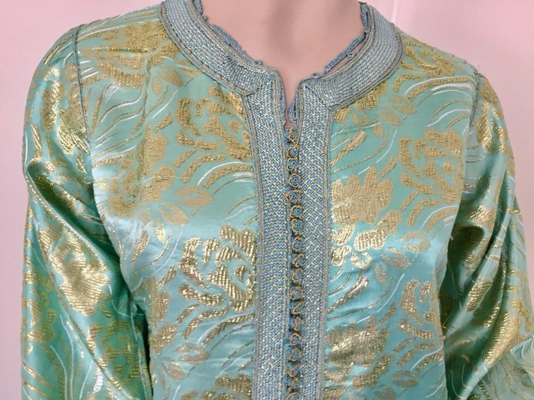 Moroccan Kaftan in Aqua and Gold Floral Brocade Metallic Lame