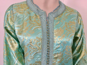 Moroccan Kaftan in Aqua and Gold Floral Brocade Metallic Lame
