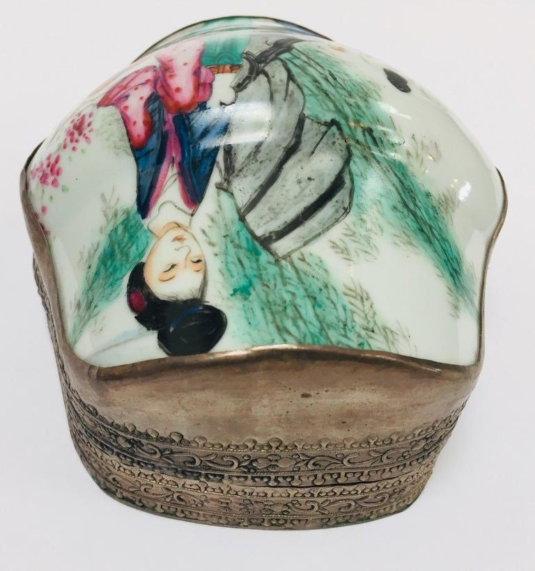 Vintage Trinket Metal Box with Porcelain Top Hand Painted Asian Scene