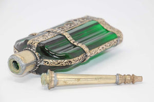 Moorish Emerald Green Glass Perfume Bottle Sprinkler with Embossed Metal Overlay