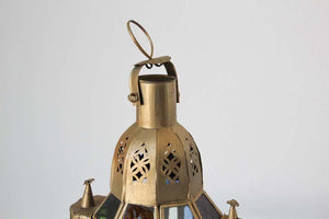 Moroccan Candle Lantern in Moorish Gilt Metal and Glass