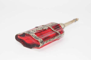 Moroccan Red Glass Perfume Bottle Sprinkler with Embossed Metal Overlay