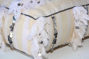 Moroccan White Floor Pillow with Silver Sequins and Long Fringes