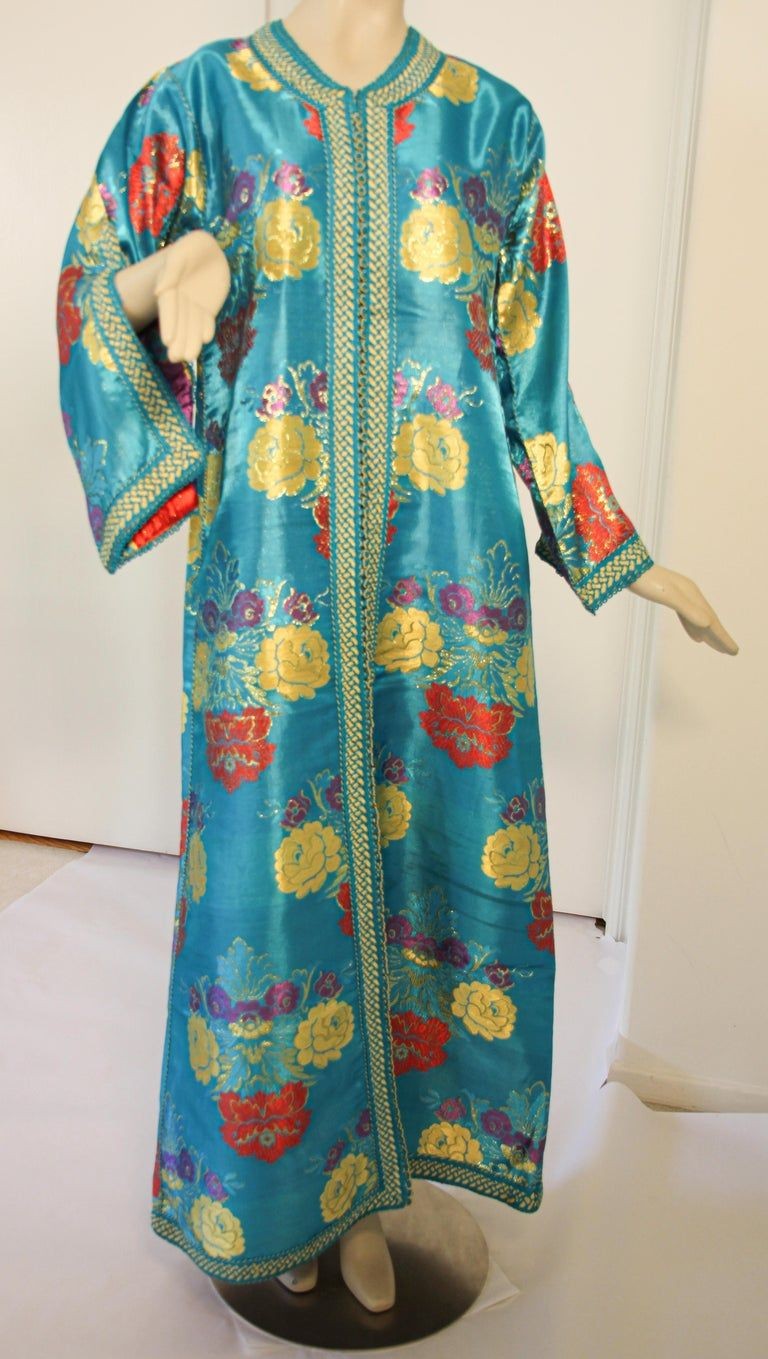 Elegant Moroccan Caftan in Blue Metallic Floral Brocade