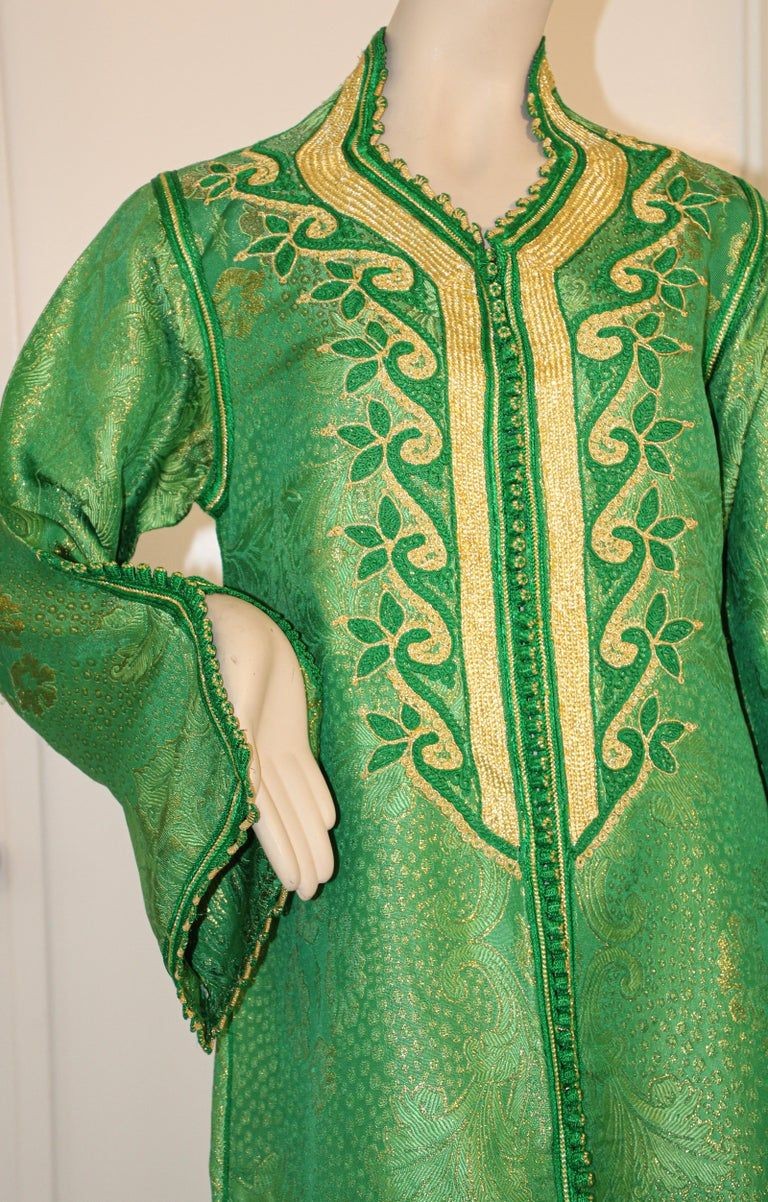 Elegant Moroccan Caftan Emerald Green and Gold Metallic Brocade