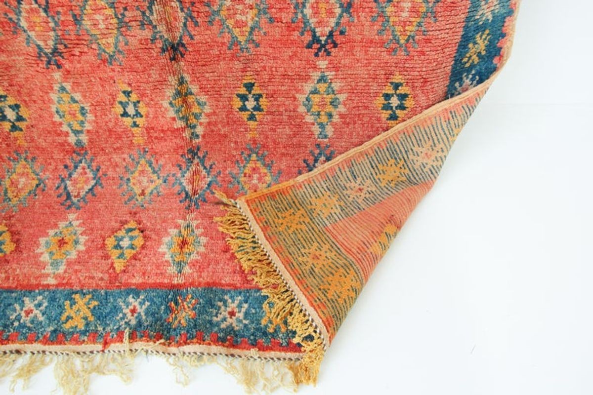1960s Moroccan Berber Rug, Coral and Teal Geometric Wool, 4'10" × 9'10"