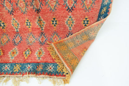 1960s Moroccan Berber Rug, Coral and Teal Geometric Wool, 4'10" × 9'10"