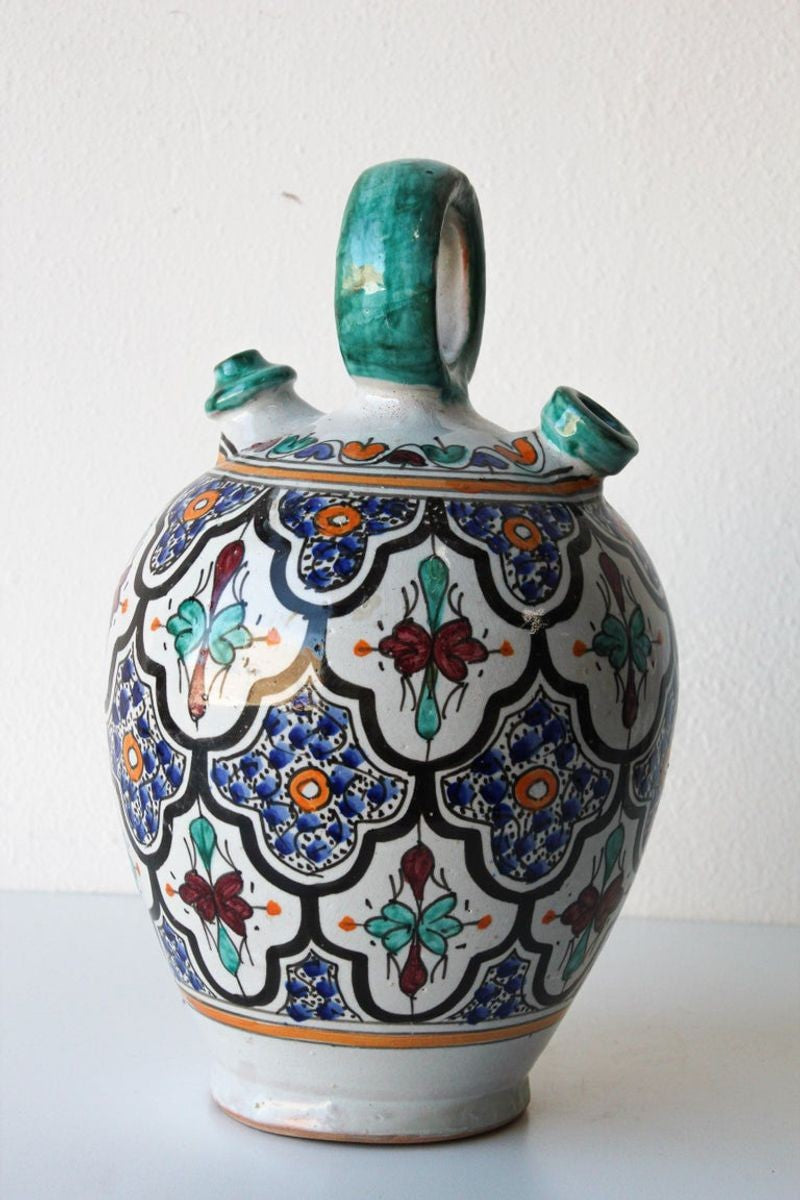 Moorish Ceramic Glazed Water Jug Handcrafted in Fez Morocco