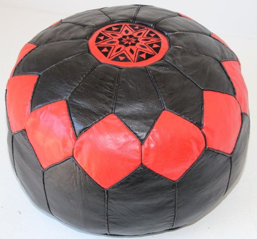 Vintage Moroccan Leather Pouf Hand-Tooled in Marrakesh Red and Black