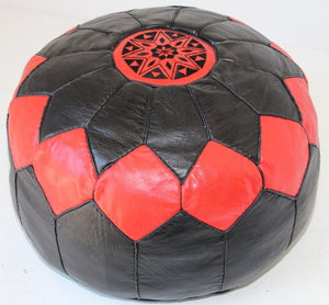 Vintage Moroccan Leather Pouf Hand-Tooled in Marrakesh Red and Black