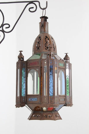 Vintage Moroccan Moorish Metal and Stained Glass Lantern or Pendant