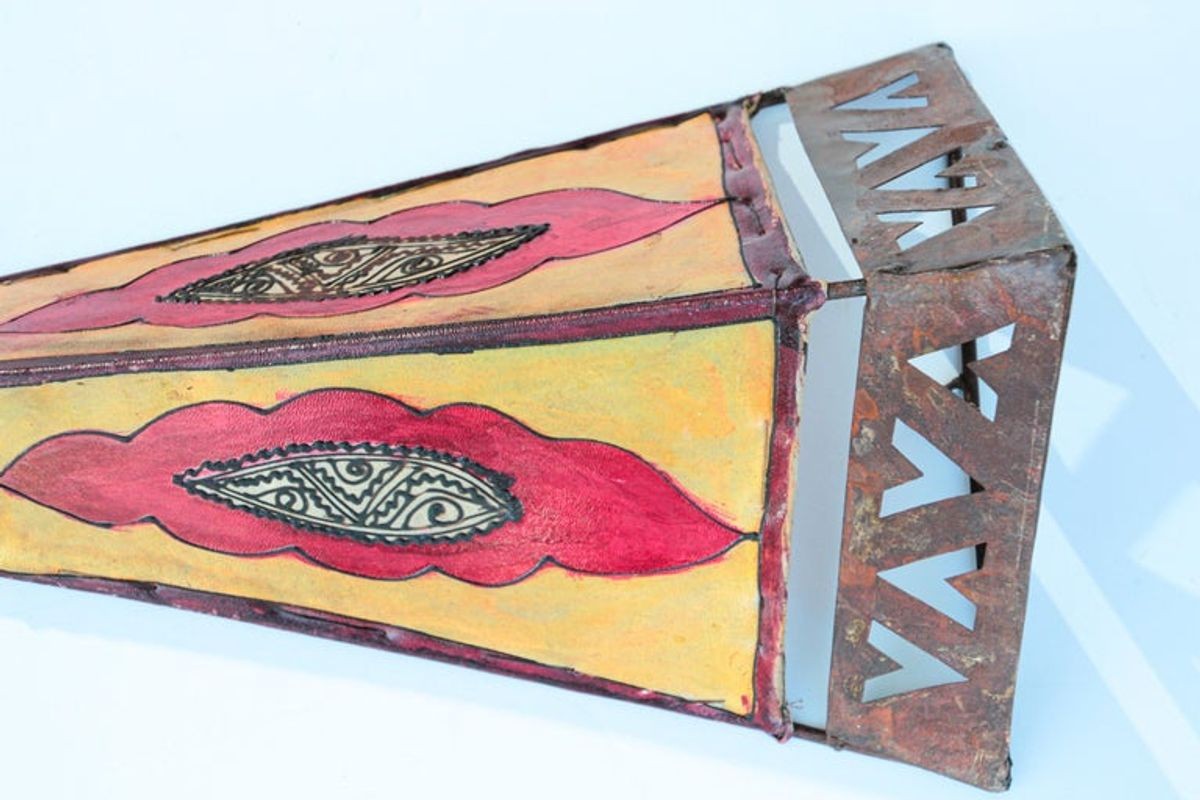 Vintage Handpainted Moroccan Folk Art Parchment Wall Sconce - 2