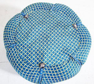 Pair of Vintage Art Deco Pouf Turquoise Upholstered Round Stool