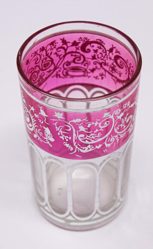 Set of Six Pink Glasses with Silver Raised Moorish Design