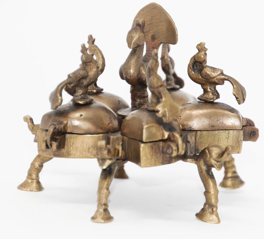 Antique Hindu Brass Box with Peacocks and Elephants